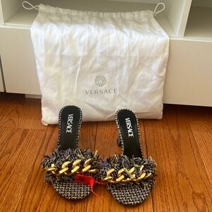 Versace Chain Tweed Mule Sandal Purple/Yellow/Black Size 36